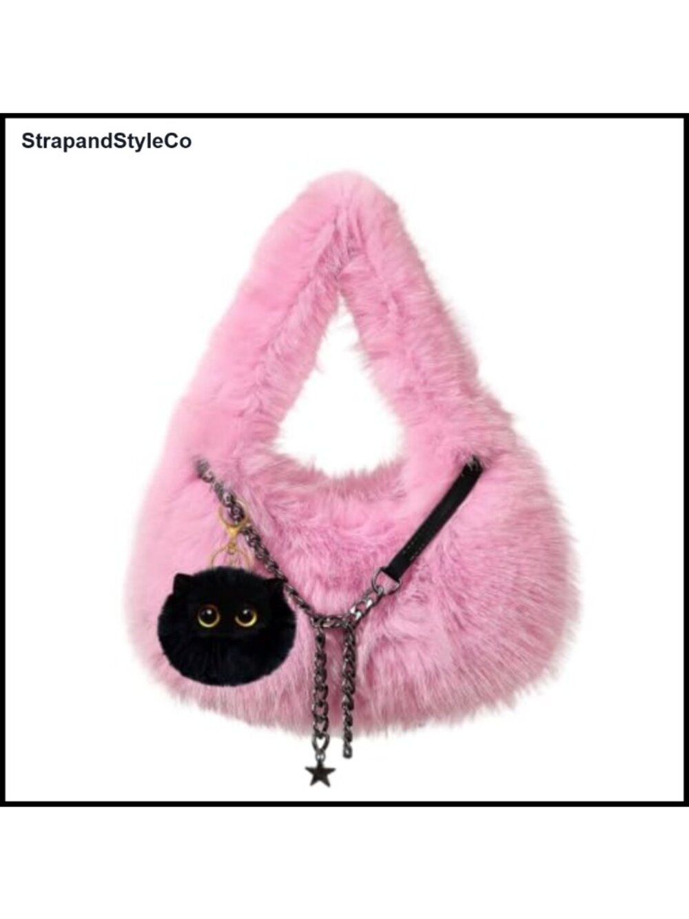 Faux Fur Y2K Fluffy Shoulder Bag Hobo Purse w/ Cat Charm Winter Handbag